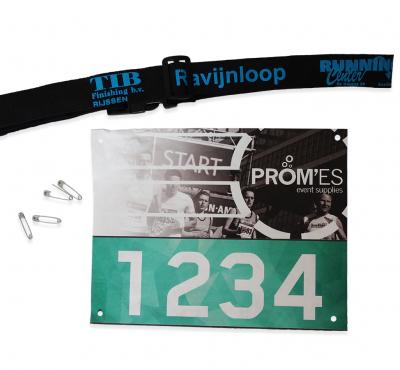 Race number belts with imprint